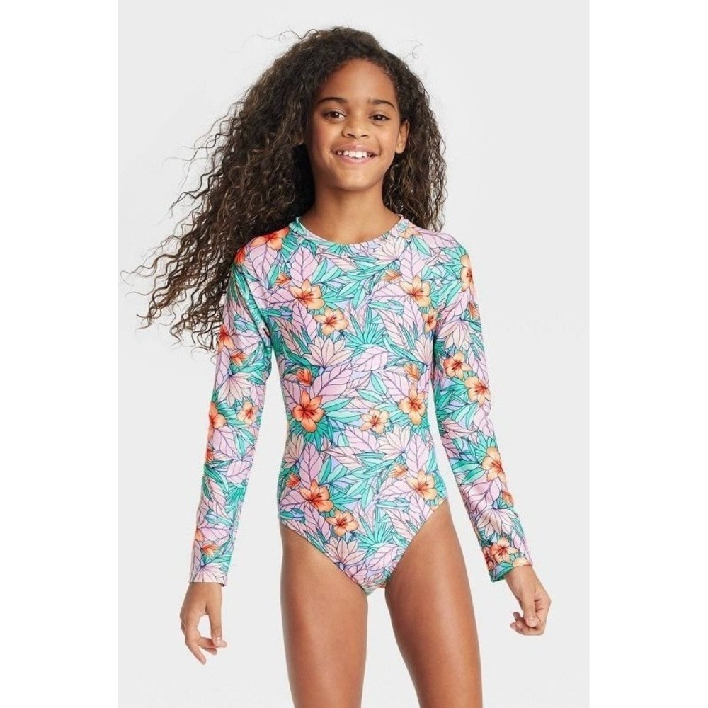 Cat & Jack One-piece Swimsuit Size 6/7 Purple Flore Print Crew Neck Back Zip